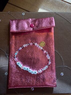 Pink Iridescent 'Be Happy' Beaded Bracelet with Pink Metallic Pouch
